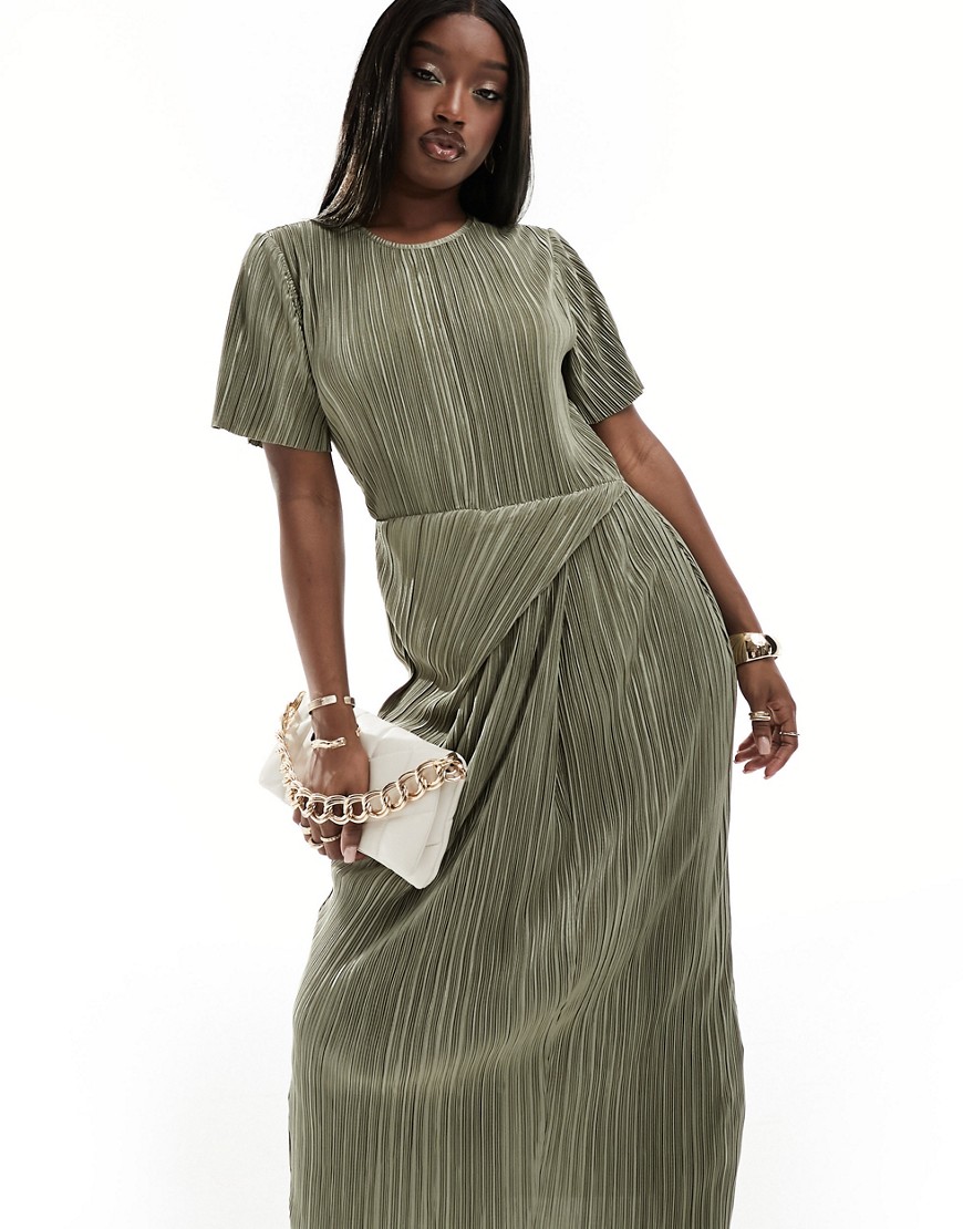 ASOS DESIGN short sleeve plisse twist skirt midi dress in khaki-Multi