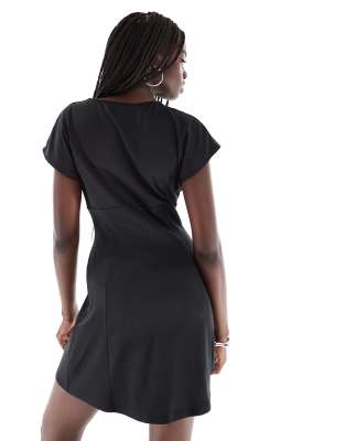 ASOS DESIGN short sleeve plunge seam detail mini dress in black