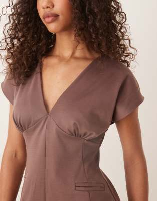 ASOS DESIGN short sleeve plunge seam detail mini dress in mocha