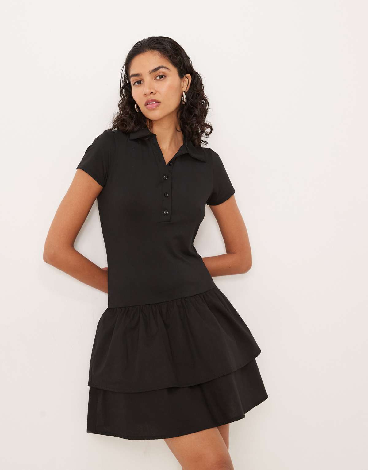 ASOS DESIGN short sleeve polo dropped rara mini dress in black
