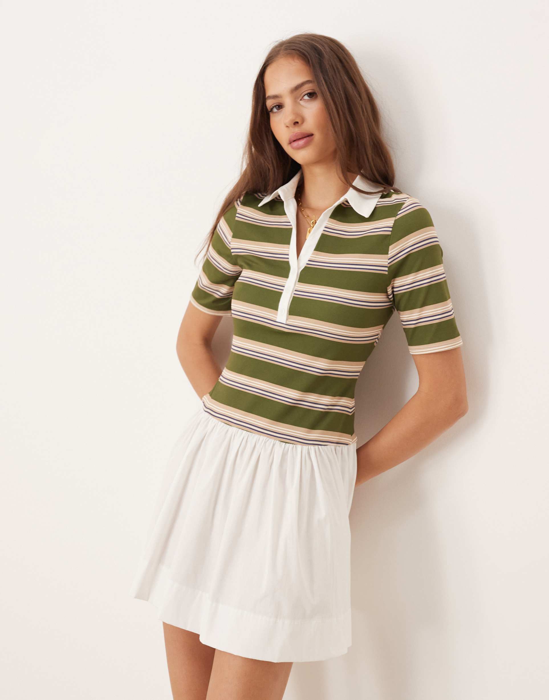 asos design short sleeve polo hybrid mini dress in multi stripes