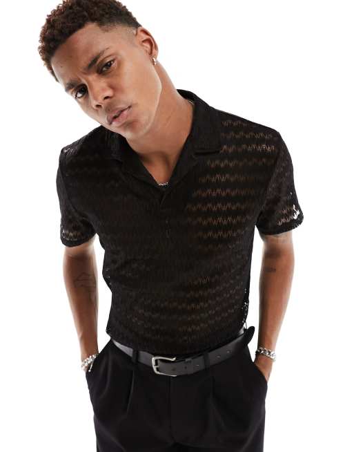 ASOS DESIGN short sleeve polo in black crochet ASOS