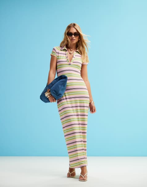 ASOS DESIGN short sleeve polo midi dress in multi stripe - view 1