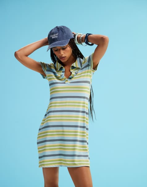 ASOS DESIGN short sleeve polo mini dress in multi stripe - view 1