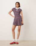 [ASOS DESIGN] ASOS DESIGN short sleeve polo mini dress with pleated skirt in navy stripe-Multi 14 Stripe