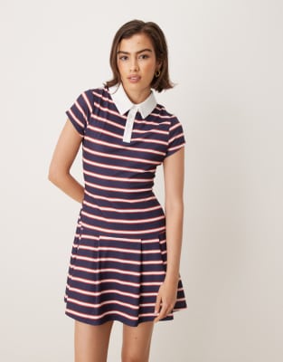 Asos Design Short Sleeve Polo Mini Dress With Pleated Skirt