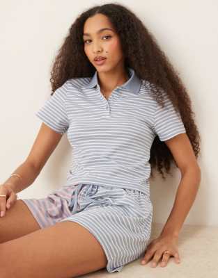 Asos Design Short Sleeve Polo Tee & Short Pajama Set In Blue