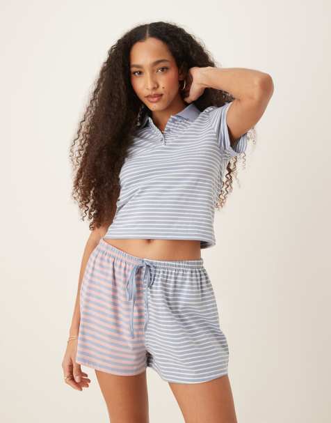 ASOS DESIGN short sleeve polo tee & short pyjama set in mixed stripe in blue - view 1
