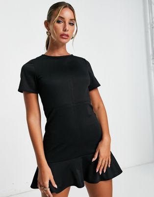 ASOS DESIGN short sleeve ponte mini dress with pep hem in black - ASOS Price Checker