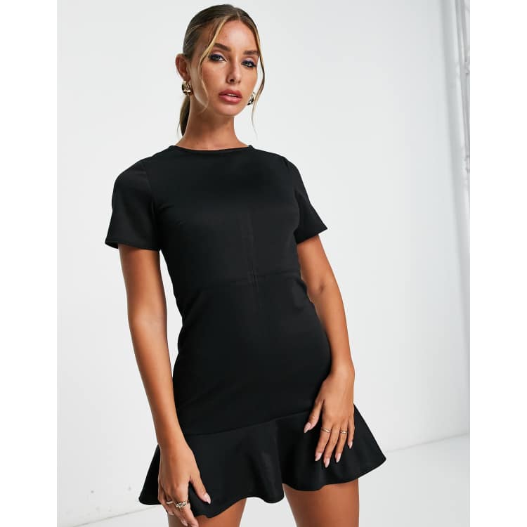 ASOS DESIGN short sleeve ponte mini dress with pep hem in black