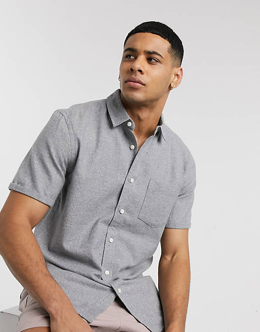 ASOS DESIGN short sleeve regular fit flannel shirt in grey | ASOS