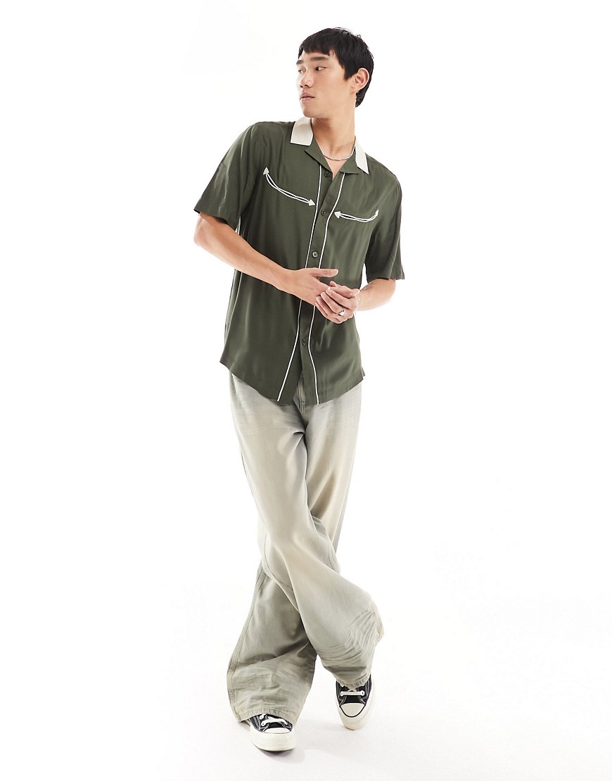 ASOS DESIGN short sleeve regular fit viscose revere shirt with western styling in dark green