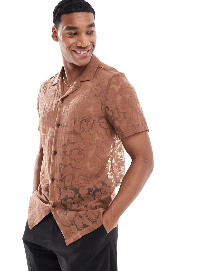 ASOS DESIGN short sleeve regular revere collar shirt in floral burn out in brown