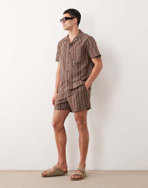 ASOS DESIGN short sleeve regular striped shirt in brown - part of a set - view 1