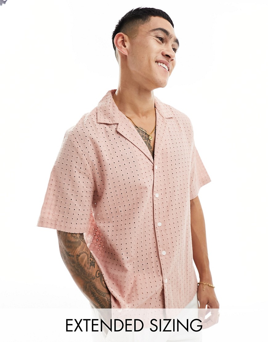 ASOS DESIGN short sleeve relaxed boxy fit revere collar broderie shirt in dusty pink