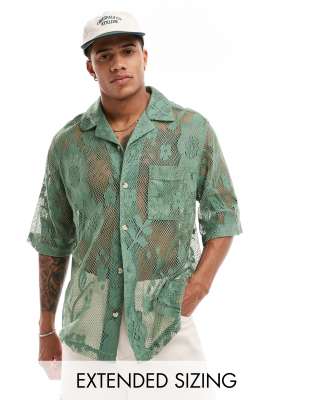 Asos Design Short Sleeve Relaxed Camp Collar Lace Shirt In Sage Green