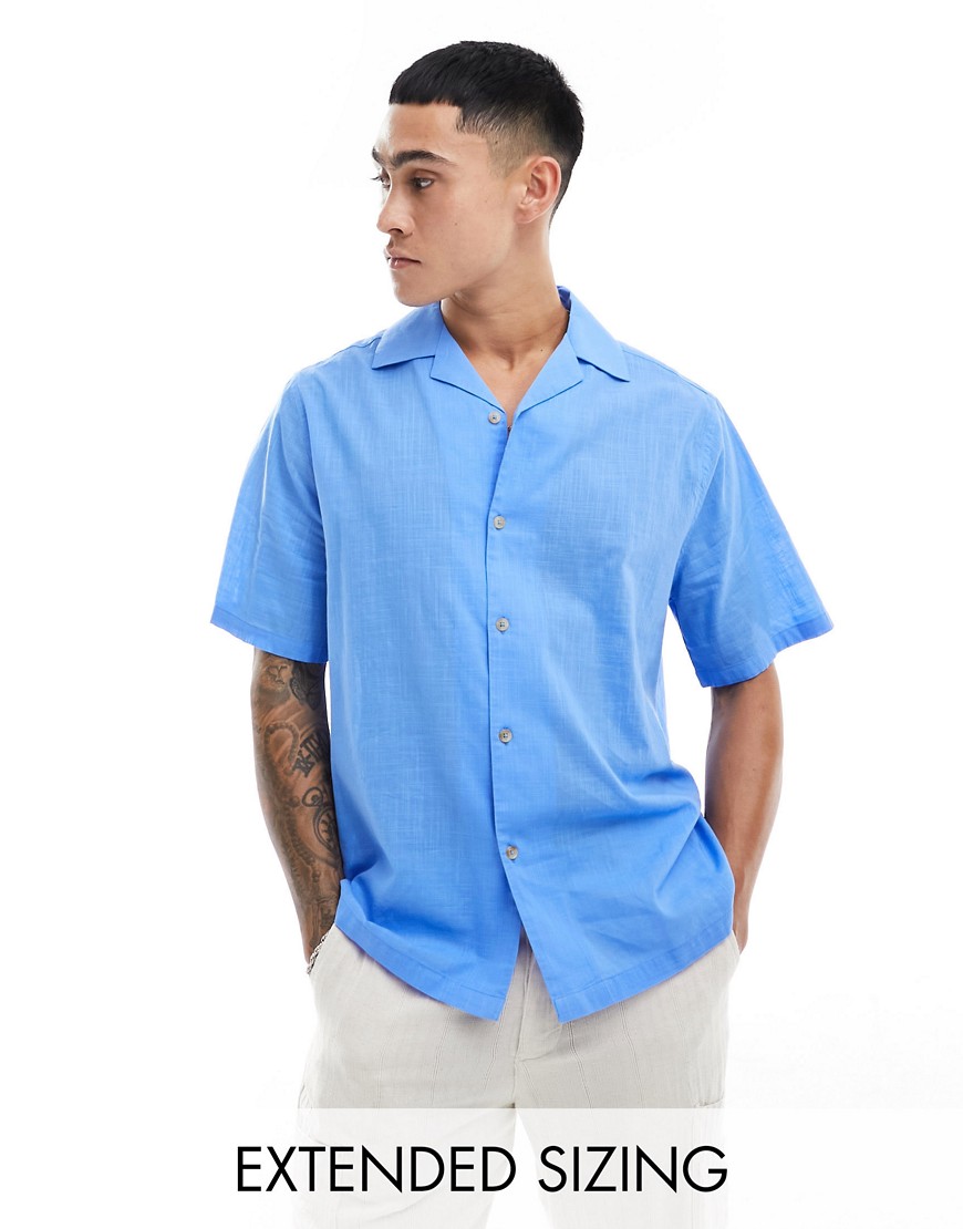 Asos Design Short Sleeve Relaxed Camp Collar Linen Look Shirt In Mid Blue In Black