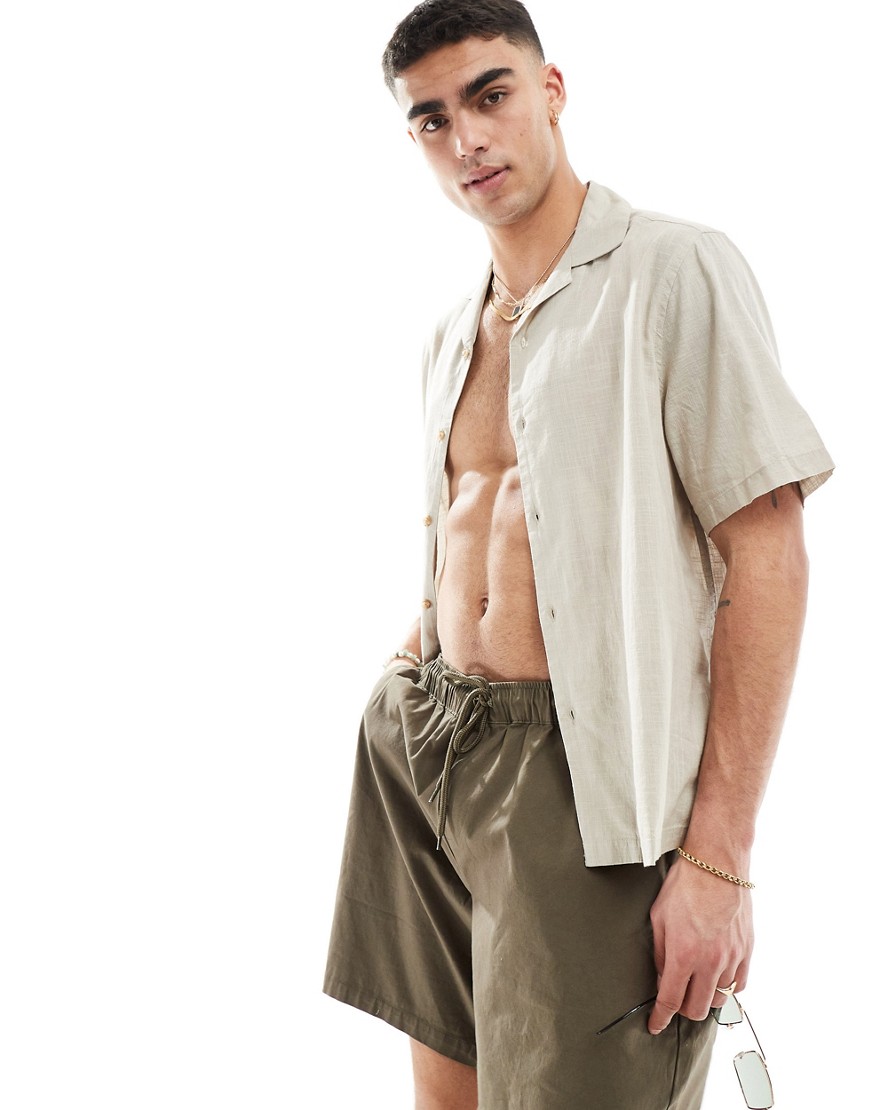 Asos Design Short Sleeve Relaxed Camp Collar Linen Look Shirt In Stone Gray