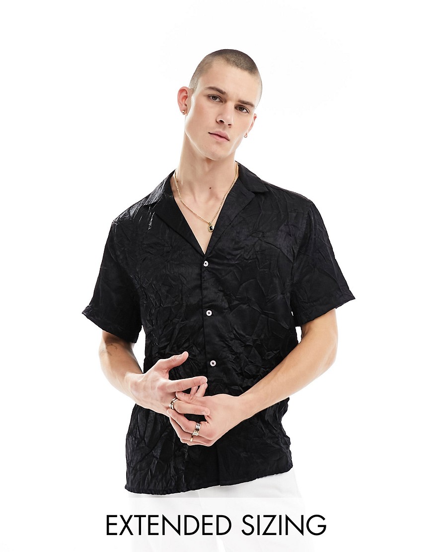 ASOS DESIGN short sleeve relaxed deep revere collar satin shirt in black