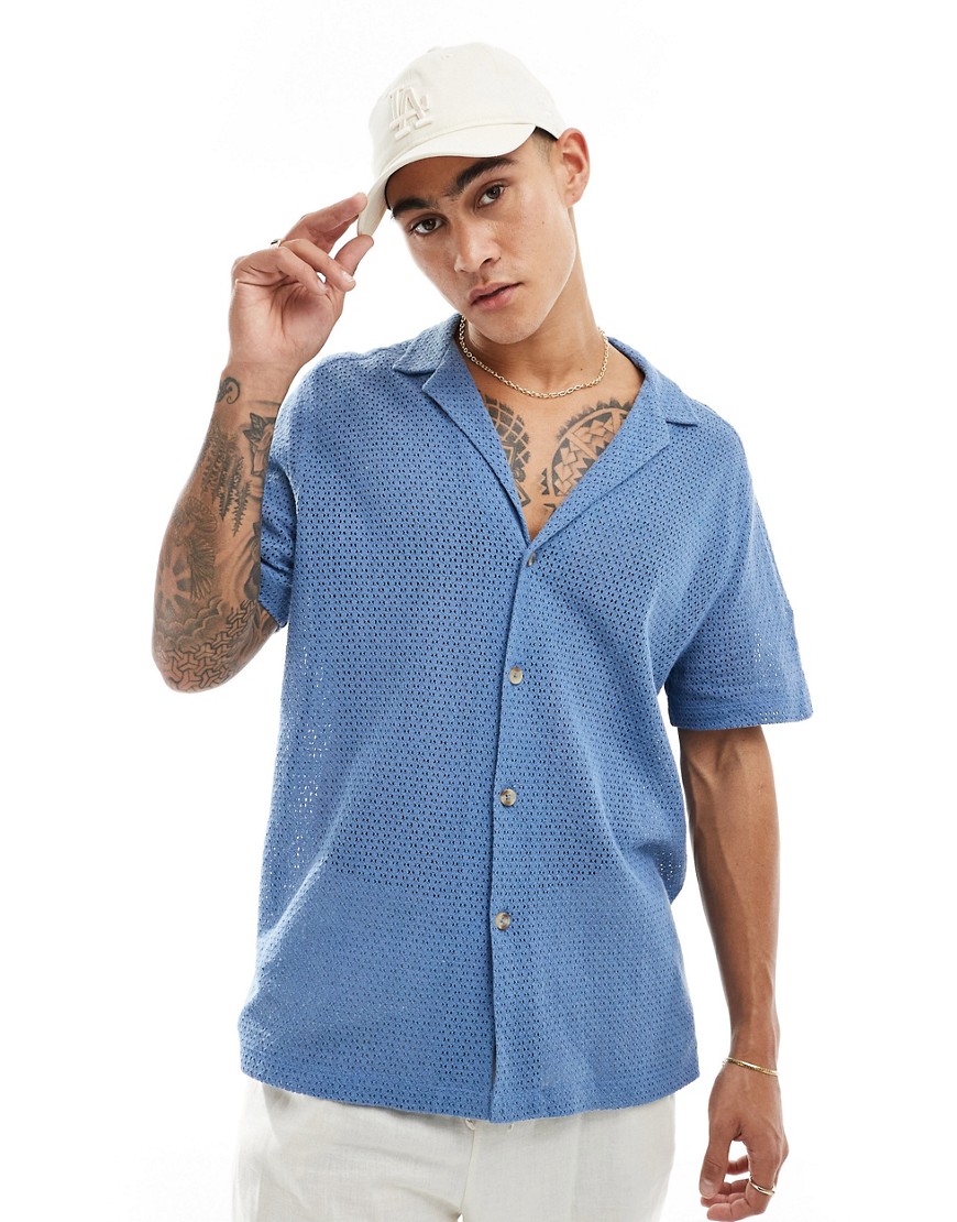 ASOS DESIGN short sleeve relaxed deep revere cotton basket texture shirt in dusty blue