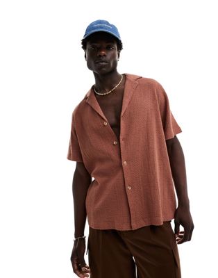 Asos Design Short Sleeve Relaxed Deep Revere Cotton Basket Texture Shirt In Rust Brown