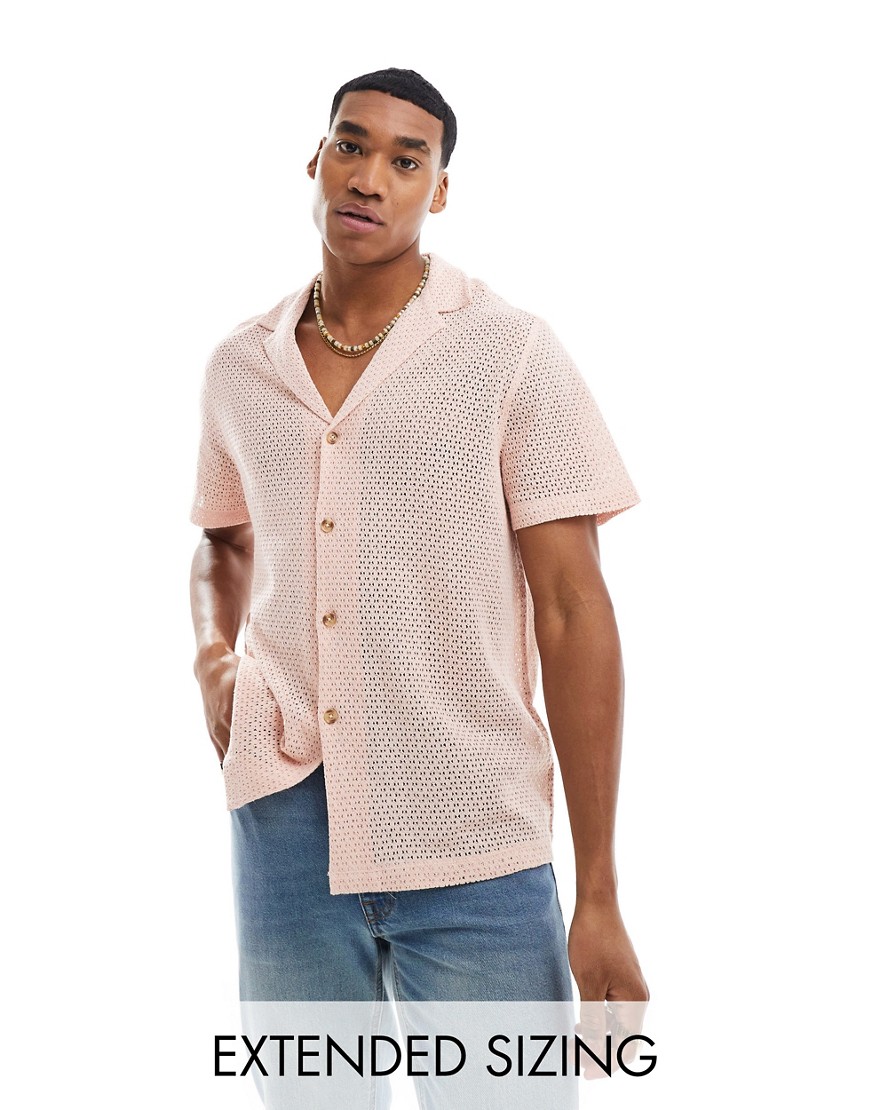 ASOS DESIGN short sleeve relaxed deep revere texture shirt in dusty pink