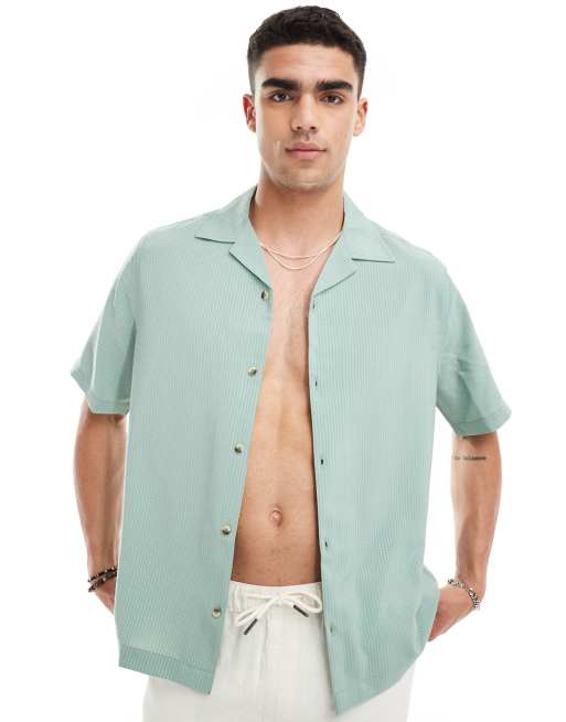 ASOS DESIGN short sleeve relaxed fit camp collar textured shirt in sage green