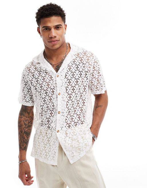 FhyzicsShops DESIGN short sleeve relaxed fit deep revere collar flower lace shirt in white
