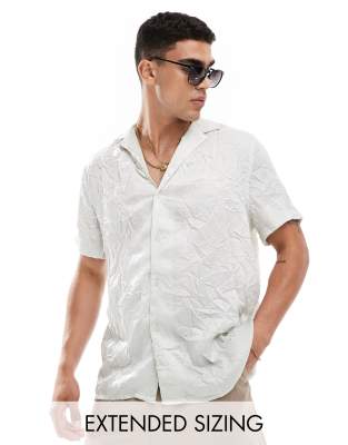 Asos Design Short Sleeve Relaxed Fit Deep Revere Collar Satin Shirt In Gray-silver