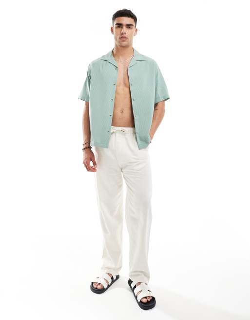 ASOS DESIGN short sleeve relaxed fit revere collar textured shirt in sage green, 4 of 4