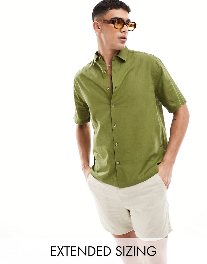ASOS DESIGN short sleeve relaxed linen look shirt in khaki-Green