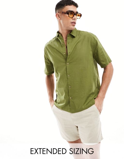 CerbeShops DESIGN short sleeve relaxed linen look shirt in khaki