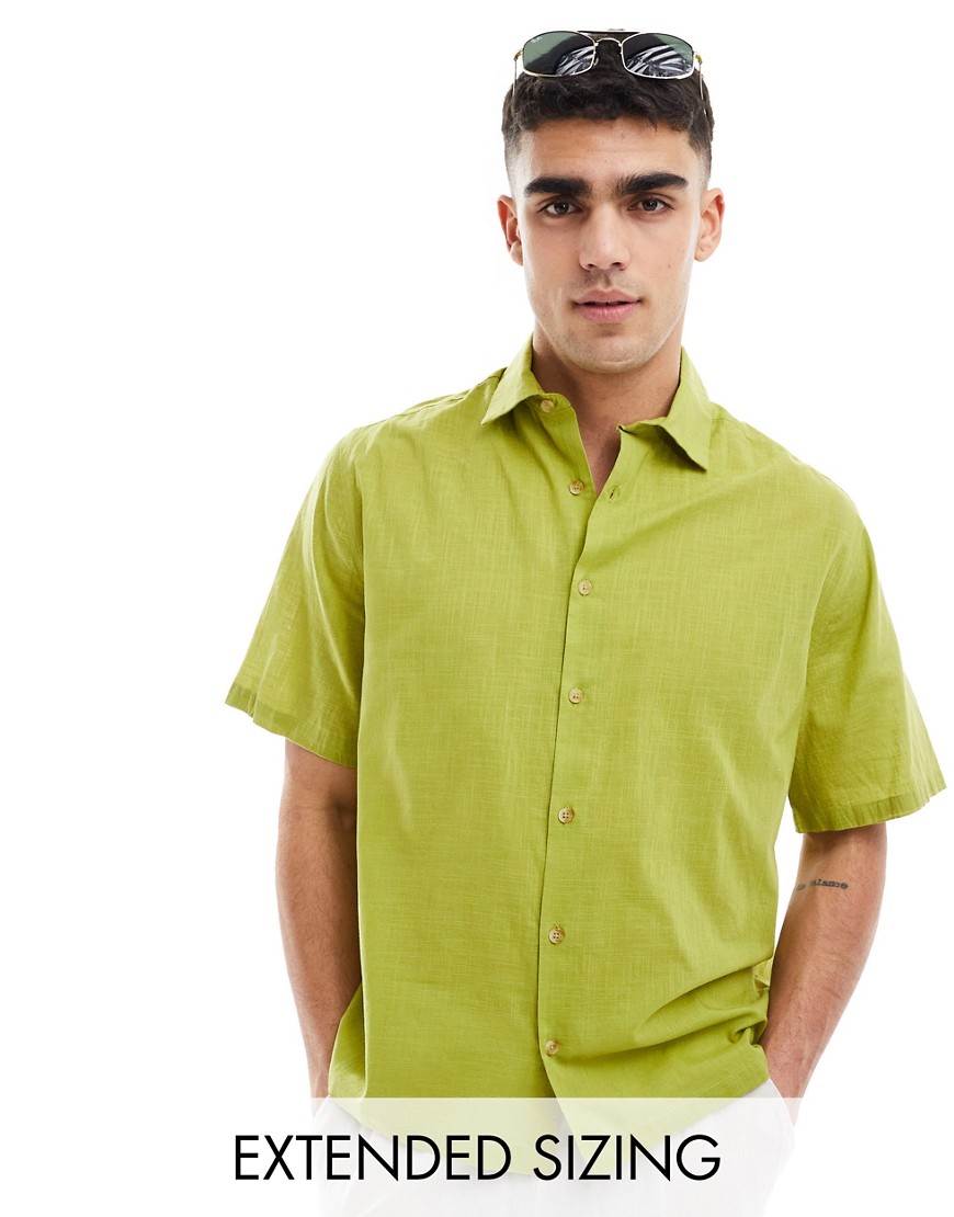 ASOS DESIGN short sleeve relaxed linen look shirt in olive green