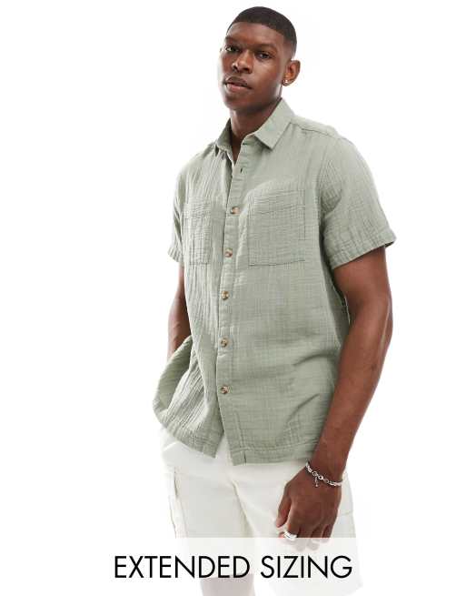 ASOS DESIGN short sleeve relaxed revere collar cheesecloth shirt in light khaki