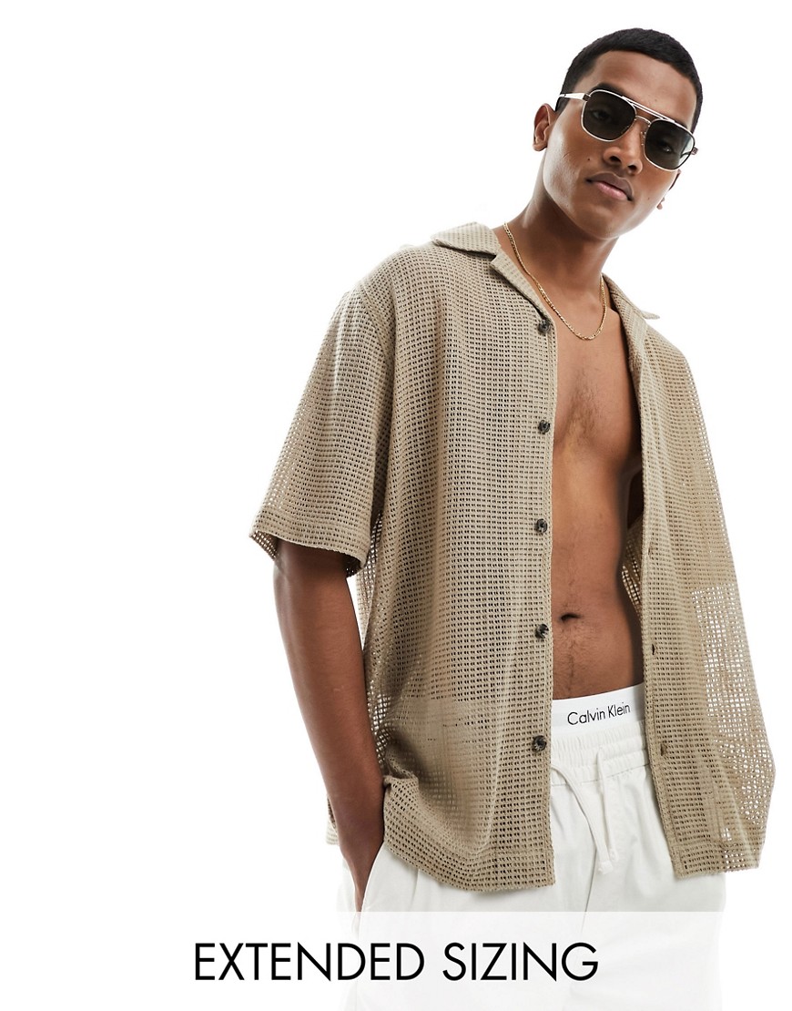 ASOS DESIGN short sleeve relaxed revere collar cotton shirt in beige-Neutral