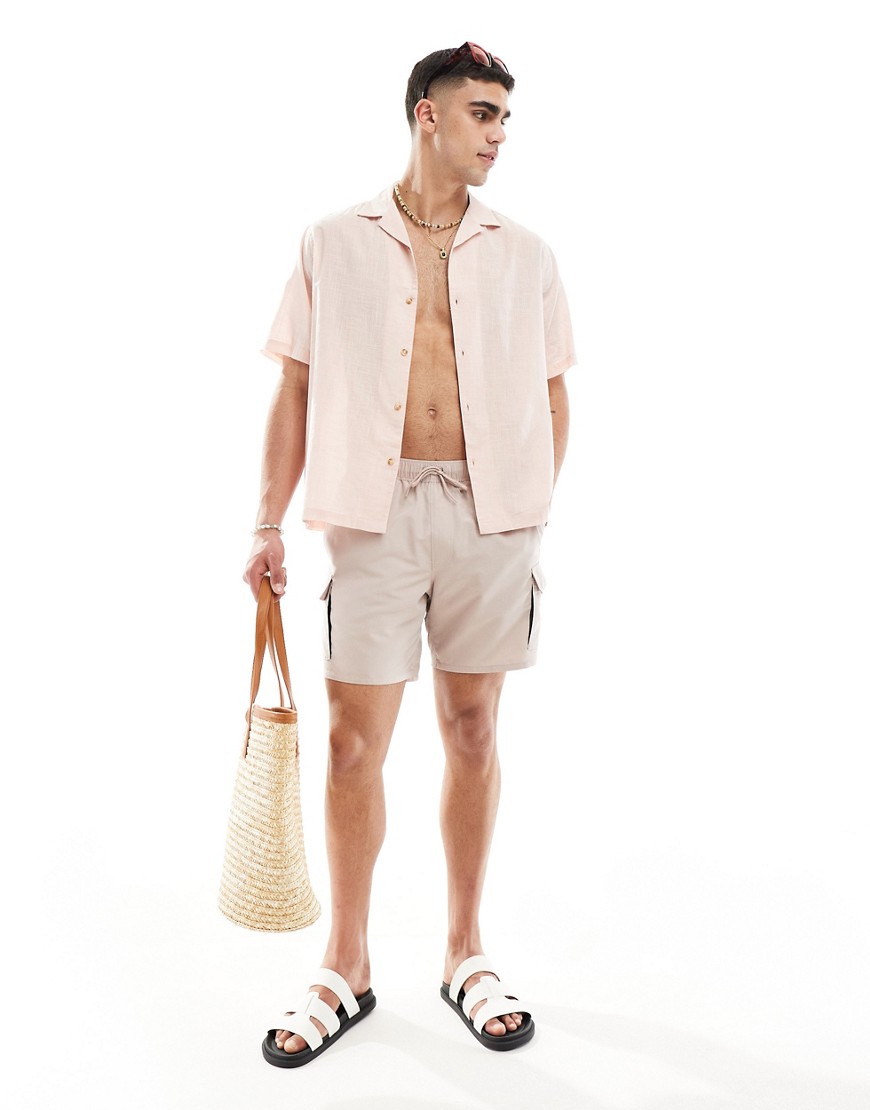 Asos Design Relaxed Fit Linen Shirt With Revere Collar In Ecru-neutral In Pink