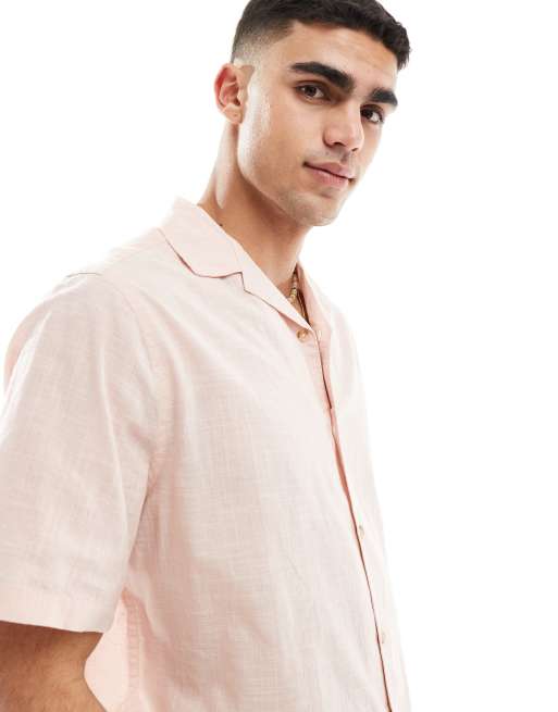 ASOS DESIGN short sleeve relaxed revere collar linen look shirt in pale pink, 2 of 4
