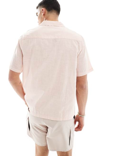 ASOS DESIGN short sleeve relaxed revere collar linen look shirt in pale pink, 3 of 4