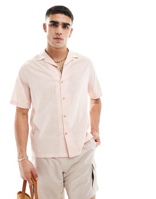 ASOS DESIGN short sleeve relaxed revere collar linen look shirt in pale pink, 4 of 4