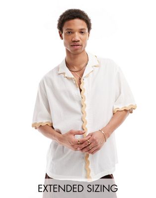 ASOS DESIGN short sleeve relaxed revere collar seersucker shirt with wavy detailing in white