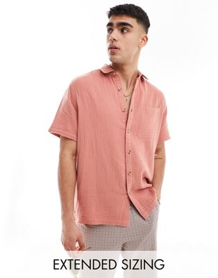 Asos Design Short Sleeve Relaxed Revere Collar Shirt In Clay Pink