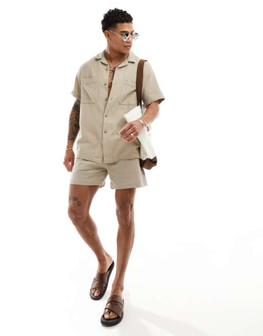 ASOS DESIGN short sleeve relaxed revere collar textured shirt in stone - part of a set