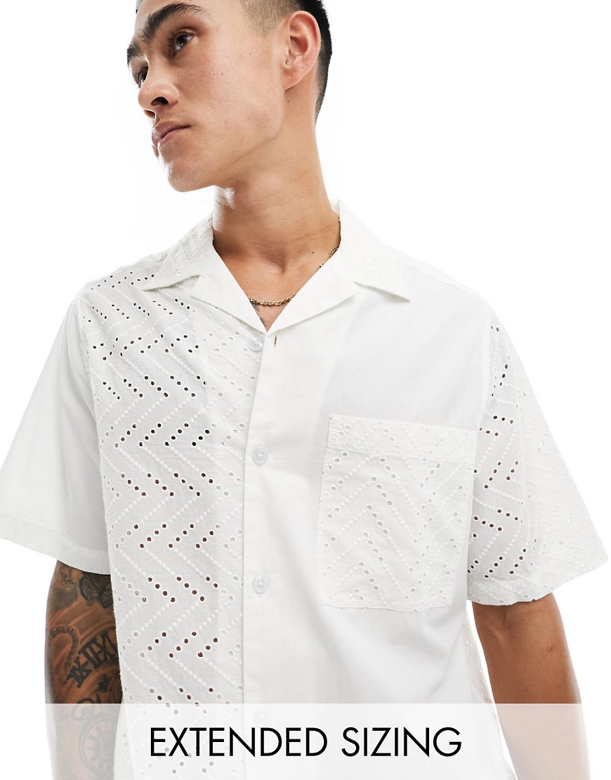 Asos Design Short Sleeve Relaxed Revere Embroidery Shirt In White