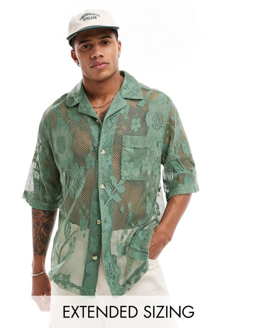 FhyzicsShops DESIGN short sleeve relaxed revere lace shirt in sage green