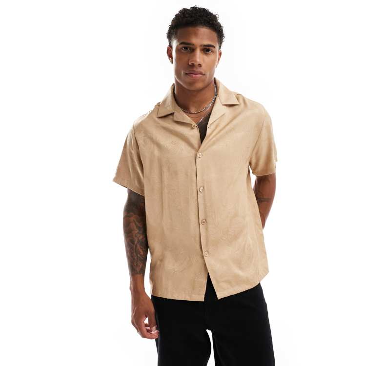 ASOS DESIGN short sleeve relaxed revere shirt in beige leafy jacquard