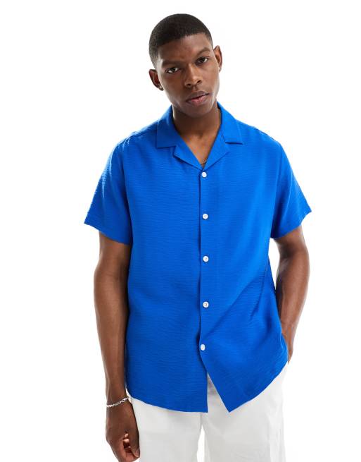 ASOS DESIGN short sleeve relaxed revere shirt in blue wrinkle