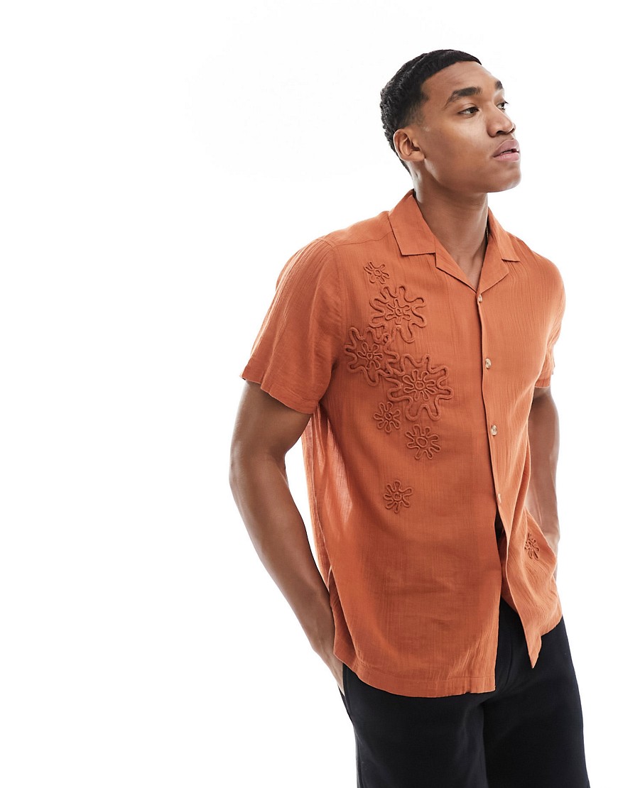 Asos Design Short Sleeve Relaxed Revere Shirt With Embroidery In Rust Brown-orange