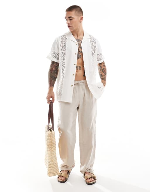ASOS DESIGN short sleeve relaxed revere shirt with lace panels in white , 2 of 4
