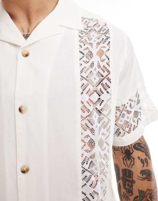 ASOS DESIGN short sleeve relaxed revere shirt with lace panels in white , 3 of 4