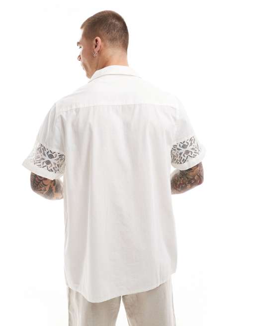 ASOS DESIGN short sleeve relaxed revere shirt with lace panels in white , 4 of 4